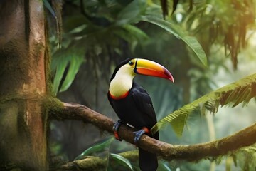 Toucan tropical bird sitting on a tree branch in natural wildlife environment in rainforest jungle Generative ai 