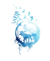 Elk in the forest abstraction. Hand drawing. Not AI. Printing on a T-shirt. Vector illustration