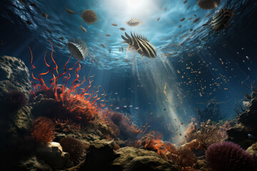 A detailed illustration of the Cambrian Explosion, depicting the rapid diversification of life...