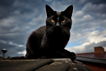 Black cat  on a roof, pet, black cat, cats, roof cat, outside cat, home cat