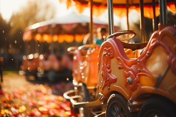Vibrant seaside carnival with blurred rides, crowds, and stalls, ideal for event advertising.