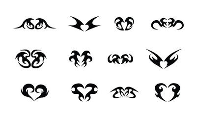 Neo tribal tattoo set, gothic cyber body ornament shapes kit, Celtic vector abstract Hawaiian sign. Maori sleeve symbol y2k Polynesian metal abstract symmetry swirl wing. Neo tribal silhouette clipart - obrazy, fototapety, plakaty