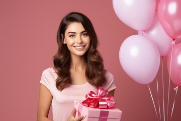 Obraz na płótnie Canvas Joyful happy woman holding gift box and balloons