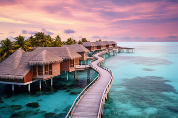 Water bungalows and wooden jetty on Maldives - obrazy, fototapety, plakaty