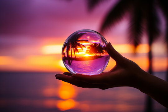 sunset creative photography on beach with crystal ball with reflections