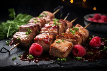 Gourmet pork skewers with raspberry sauce on dark slate, garnished with fresh raspberries and greens. Ideal for fine dining menus.