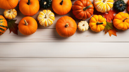 Flat Lay of Orange Pumpkin on White Wooden Background - Rustic Autumnal Composition