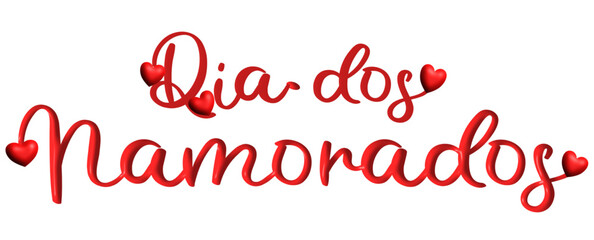Dia dos namorados, Valentine's Day, three-dimensional writing, written in Portuguese, red color with red  hearts, holiday vector graphics, suitable for greeting card, message, banner, icon - obrazy, fototapety, plakaty
