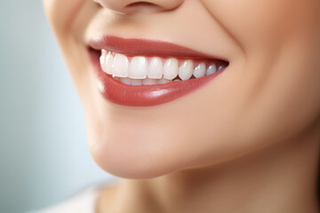 Fototapeta premium Beautiful female smile after teeth whitening procedure. Dental care. Dentistry concept.