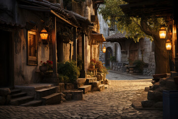 A quiet alley in a historic town, where cobblestone streets and antique lanterns create an...