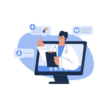 online doctor consultation on computer screen clip art preview