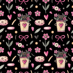 Seamless pattern with cats in a flower pot, sweets and flowers on a black background. Watercolor illustration. Holiday. Animal. Happy Valentine's Day. Love. Hearts. Print on fabric and paper. Art.