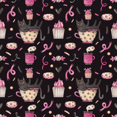 Seamless pattern with a cat in a cup with cupcake, cake and ribbons on a dark gray background. Watercolor illustration. Holiday. Animal. Happy Valentine's Day. Love. Hearts. Print on fabric and paper.