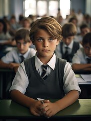 A young boy in a school uniform sitting at a desk. Generative AI. - obrazy, fototapety, plakaty