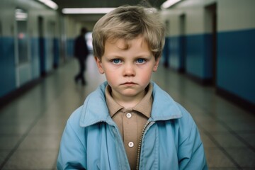 A young sad boy standing in a hallway with blue eyes. Generative AI.