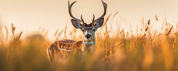 deer in the weeds in the afternoon - obrazy, fototapety, plakaty