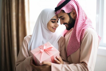 young couple with gift in valentine day