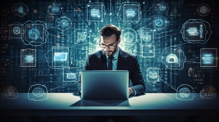 Businessman with futuristic cybersecurity interface
