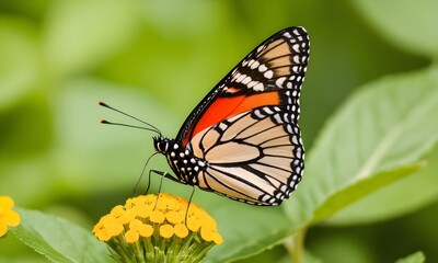 Close up of an beige orange butterfly resting on a stick.