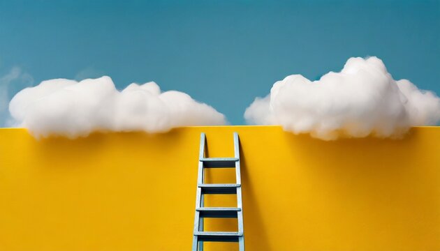 Step ladder leading to clouds. Minimal blue and yellow compostition.	
