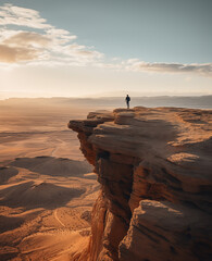 silhouette of a person on the edge of a rocky cliff in the desert