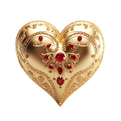 Golden heart with rubies and diamonds isolated on transparent. Beautiful object for a greeting card. For a birthday or wedding.