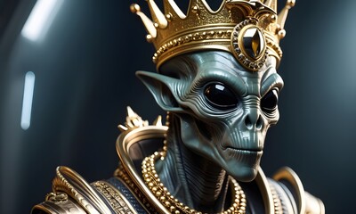 king of aliens in a golden crown and with chains around his neck