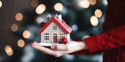 Hands holding New Year's house on shiny blurred home with decorated Christmas Tree background with copy space.