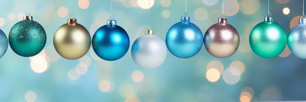 Christmas Border With Blue Green Shiny Ornaments Bauble Balls Hanging In A Row On Holiday Celebration Bokeh Sparkling Background With Copy Space, Blue Green Golden Glitter Glowing Backgrounds.