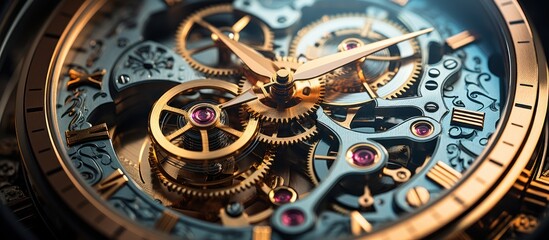 Gears and cogs in clockwork watch - obrazy, fototapety, plakaty
