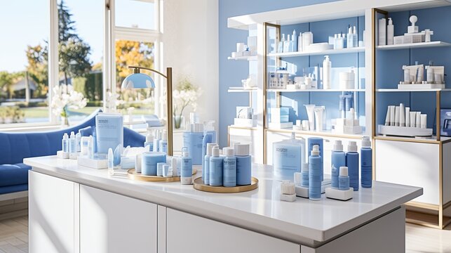 Pharmacy interior with sleek furniture and organized medication displays in blue and white tones