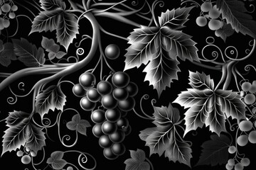 Grapes on the vine. Black and white - obrazy, fototapety, plakaty