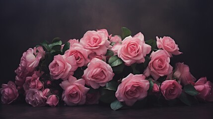 Fototapeta premium a bunch of pink roses with green leaves on a black background with a black background and a black background with a white border.