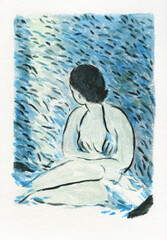 woman and blue sea. watercolor painting. illustration - 695060533