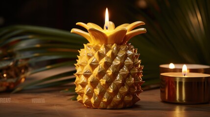  a pineapple shaped candle sitting on a table next to a candle holder with a candle in the shape of a pineapple.