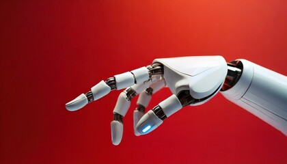 White robot hand background, presenting technology gesture. Technology meets humanity background. Red Background.