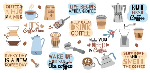 Foto op Plexiglas Coffee emblems. Cartoon grains, turk and syrup, motivational text, delicious hot drink in cups and glasses, cappuccino, latte, vector set.eps © Vectorcreator