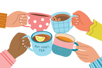  Clink tea and coffee cups. Cheers drinks in hands, friendly tea party, hot beverages lovers, people group, human arms, vector illustration.eps
