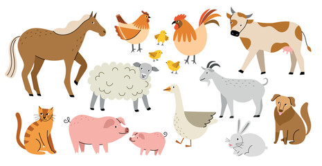 Cartoon farm animals. Cute horse, cow, dog, cat, funny domestic birds, hen, rooster and chickens, goose, pigs and sheep, country, vector set.eps