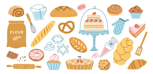 Cartoon bakery flour products. Pastry sweets, biscuits, cupcake, pie and croissant, tasty dessert foods, rolling pin and whisk, vector set.eps