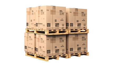 Cardboard boxes on pallets isolated on transparent a white background