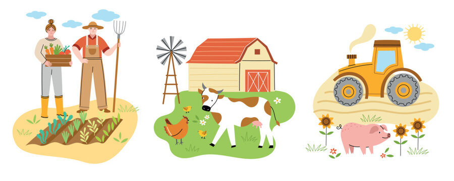 Cute farm compositions. Yard elementsр animals and technic, tractor in field, harvesting, farmers couple with vegetables box, vector concept.eps