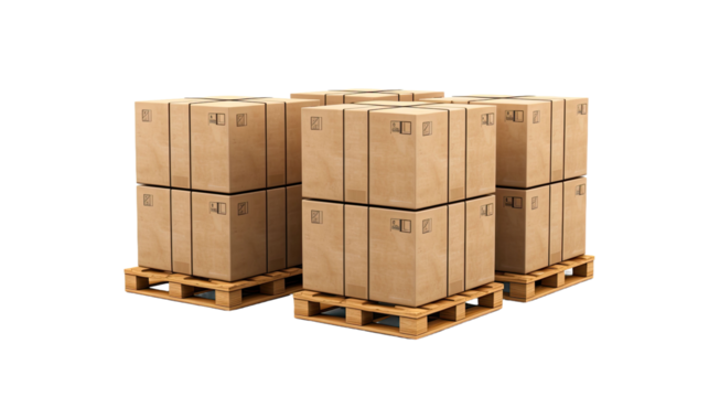 Cardboard boxes on pallets isolated on transparent a white background
