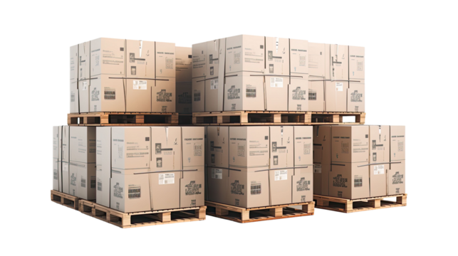 Cardboard boxes on pallets isolated on transparent a white background
