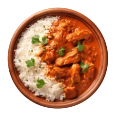 Fotobehang Chicken tikka masala spicy curry meat food with rice isolated on a transparent or white background © PNG City