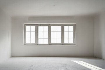 Large, empty, featureless white room with sunlight through windows.