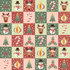 Fototapeta na wymiar Christmas theme pattern with Rudolf, snowman, candy cane, christmas tree. Vector illustration.