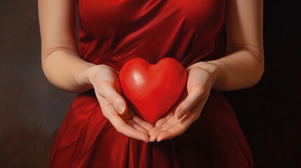  a painting of a woman in a red dress holding a red heart in her hands while wearing a red dress.