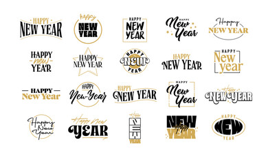 Happy new year lettering card. Gold and black.