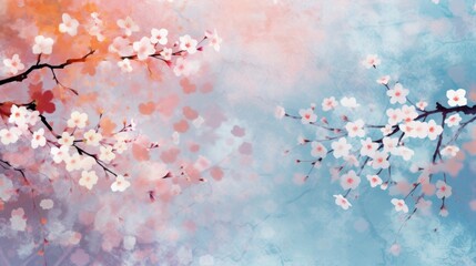  a painting of a tree branch with white and pink flowers on a blue and pink background with a sky in the background.